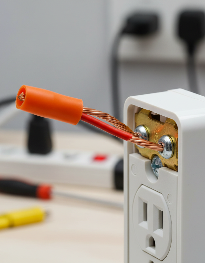 A close-up of an electrician creating a pigtail connection on a residential electrical outlet.