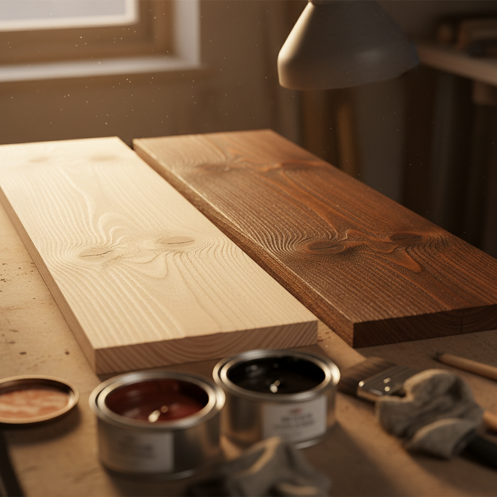 A split image showing a raw, knotty pine board on one side and the finished, dark walnut-colored board on the other side.