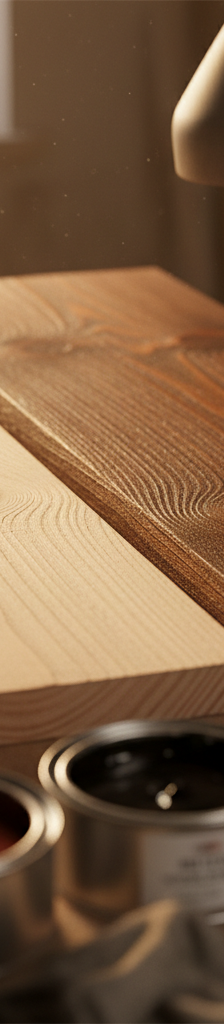 A split image showing a raw, knotty pine board on one side and the finished, dark walnut-colored board on the other side.