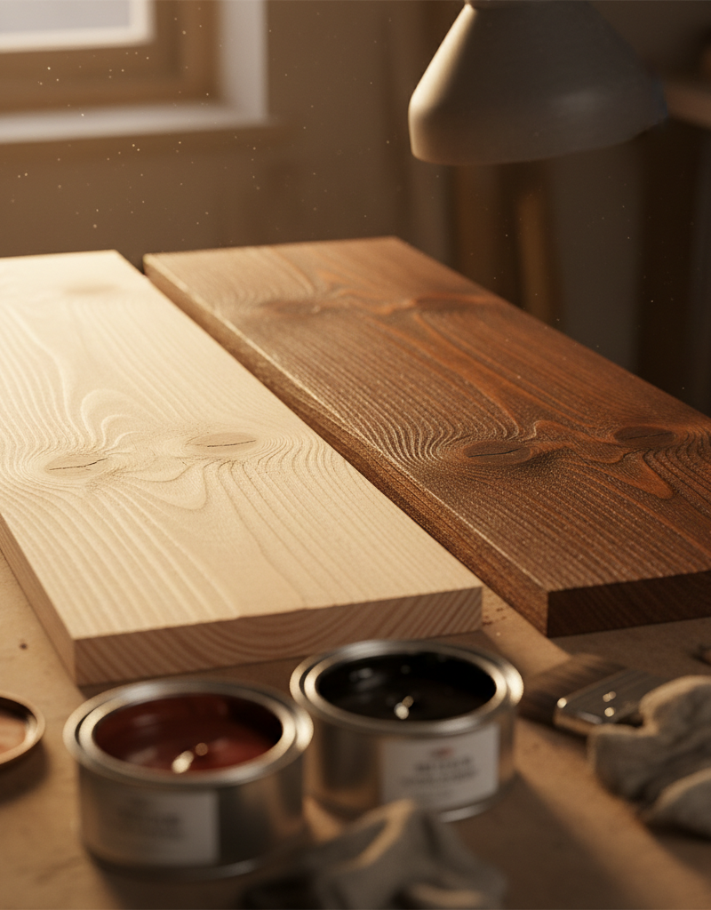A split image showing a raw, knotty pine board on one side and the finished, dark walnut-colored board on the other side.