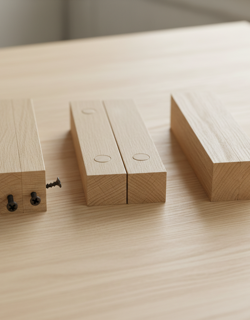 A close-up comparison of three wood joints: a pocket hole joint, a dowel joint, and a mortise and tenon joint.
