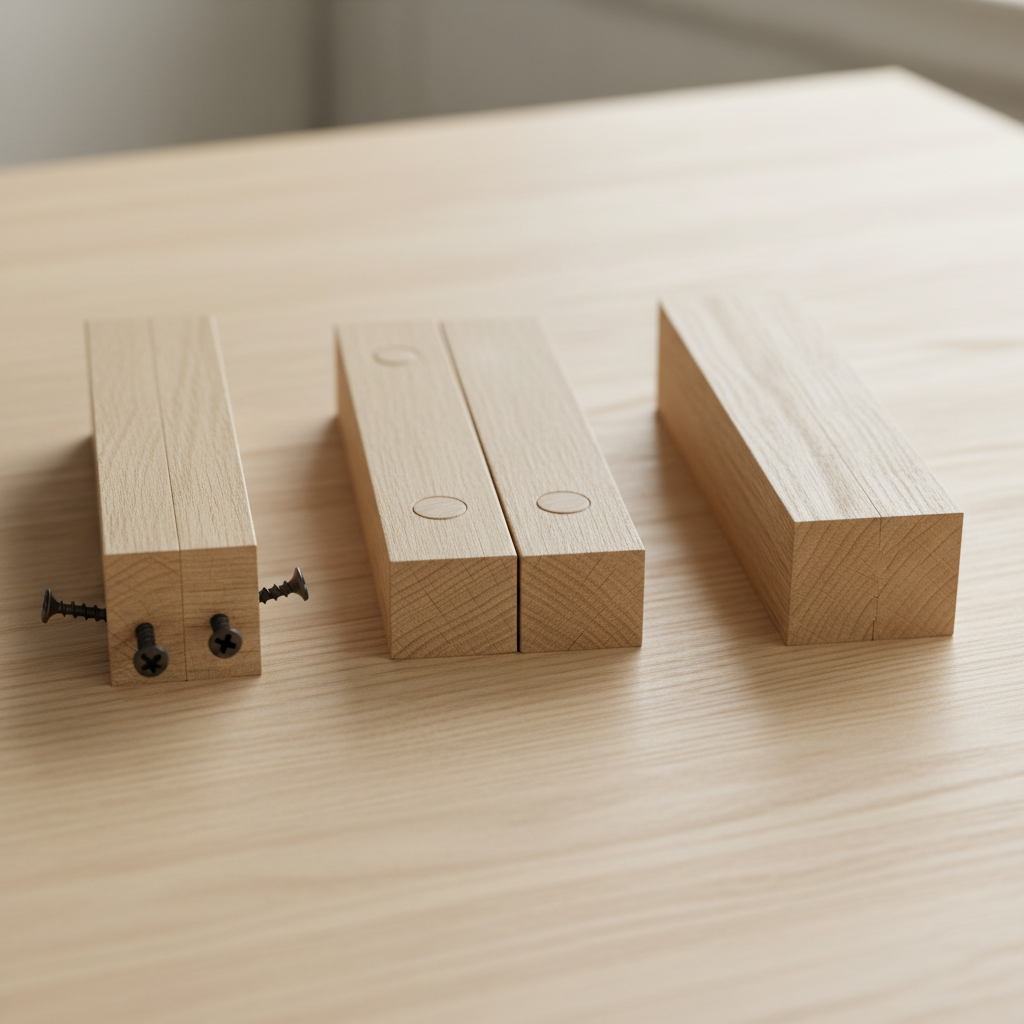A close-up comparison of three wood joints: a pocket hole joint, a dowel joint, and a mortise and tenon joint.