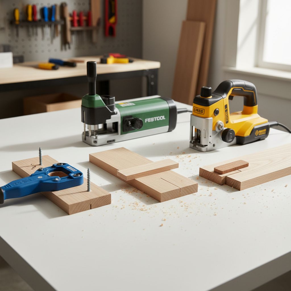 A side-by-side comparison of a pocket hole joint, a biscuit joint, and a Domino joint in pieces of light-colored wood on a workbench.