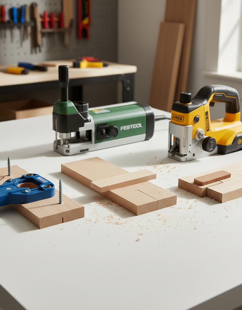 A side-by-side comparison of a pocket hole joint, a biscuit joint, and a Domino joint in pieces of light-colored wood on a workbench.