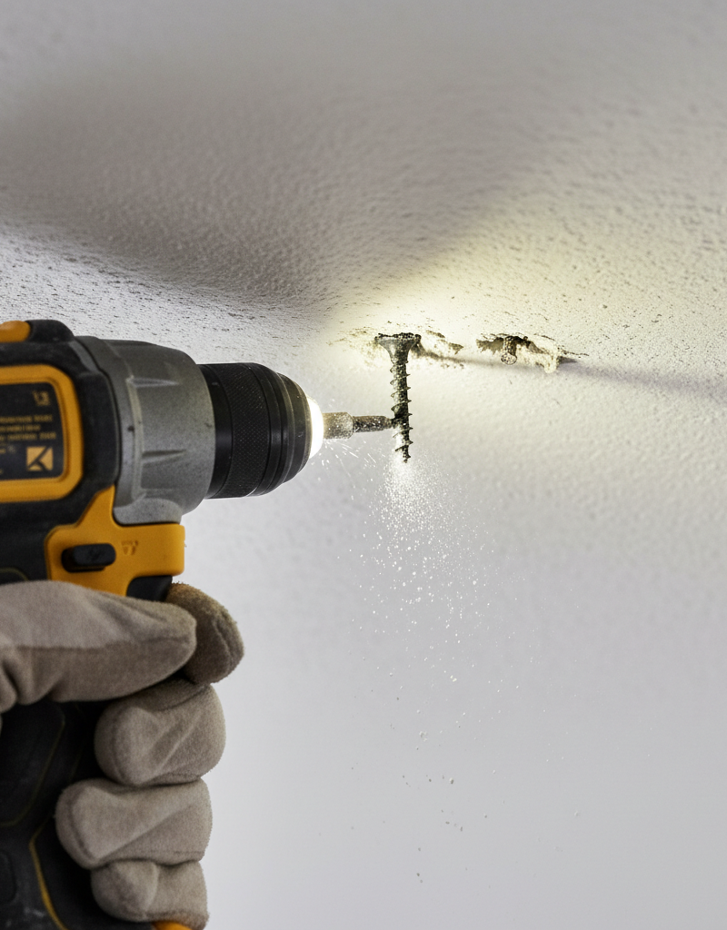 A close-up shot of a drywall ceiling showing a frustrating nail pop, with a finger pointing to it to highlight the issue.