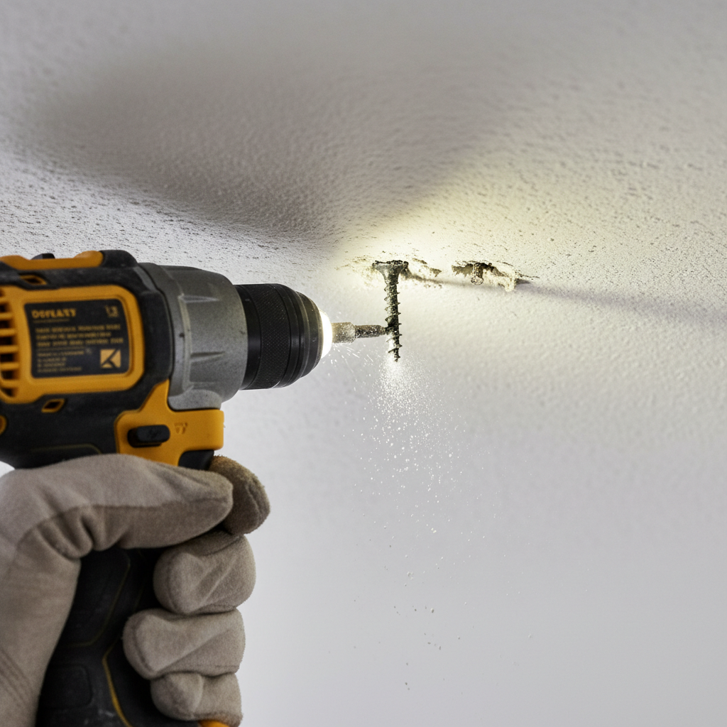 A close-up shot of a drywall ceiling showing a frustrating nail pop, with a finger pointing to it to highlight the issue.