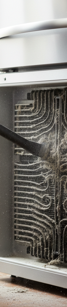 A homeowner looking at the back of their refrigerator where the condenser coils are located, holding a long cleaning brush.