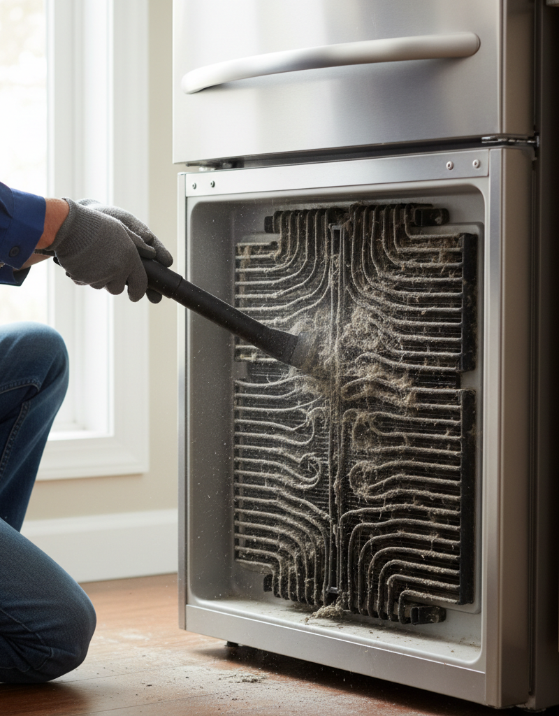 A homeowner looking at the back of their refrigerator where the condenser coils are located, holding a long cleaning brush.