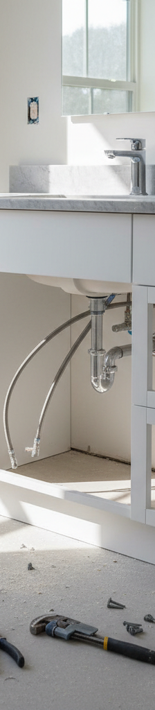 A modern, freshly installed bathroom vanity with a clean white countertop and a new chrome faucet, ready for use.