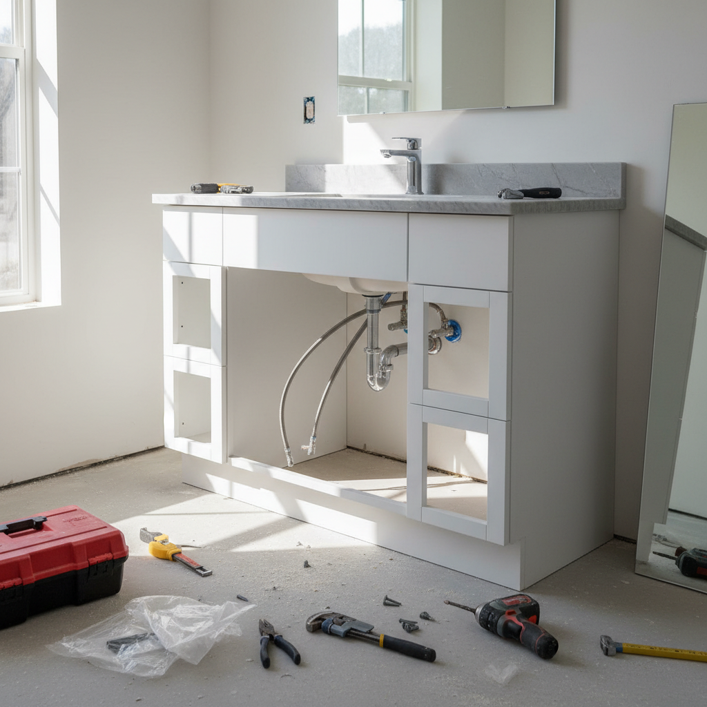A modern, freshly installed bathroom vanity with a clean white countertop and a new chrome faucet, ready for use.