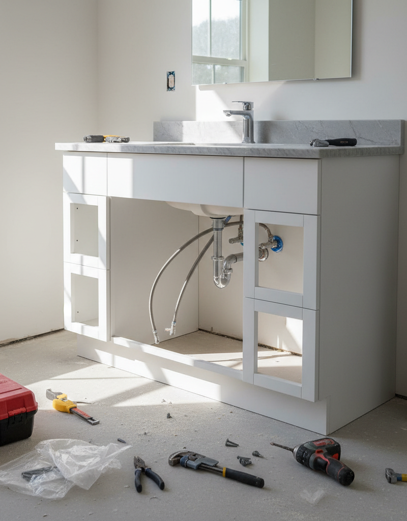 A modern, freshly installed bathroom vanity with a clean white countertop and a new chrome faucet, ready for use.