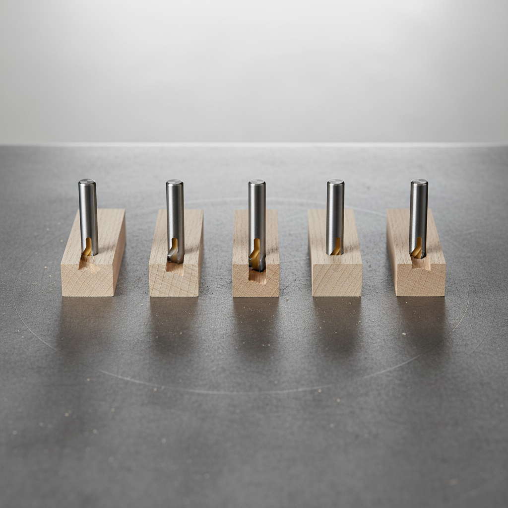 A collection of four essential router bits—roundover, chamfer, Roman ogee, and cove—arranged on a piece of figured maple.
