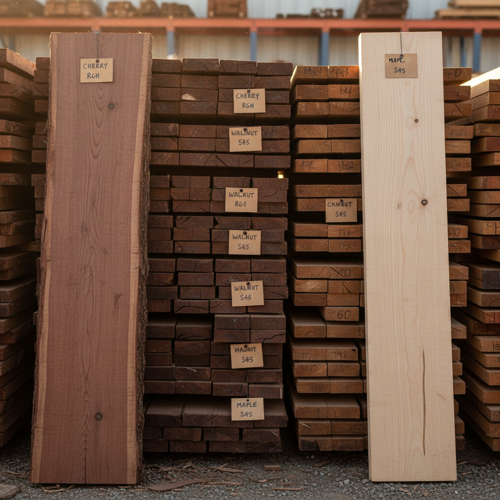 A stack of S2S walnut lumber with two smooth faces and rough edges is next to a stack of S4S poplar lumber, smooth on all four sides, illustrating the key difference for a woodworker.