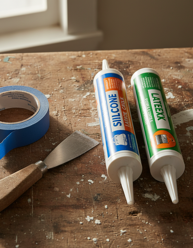 A side-by-side comparison showing a tube of silicone caulk next to a tube of latex caulk, with a window in the background.