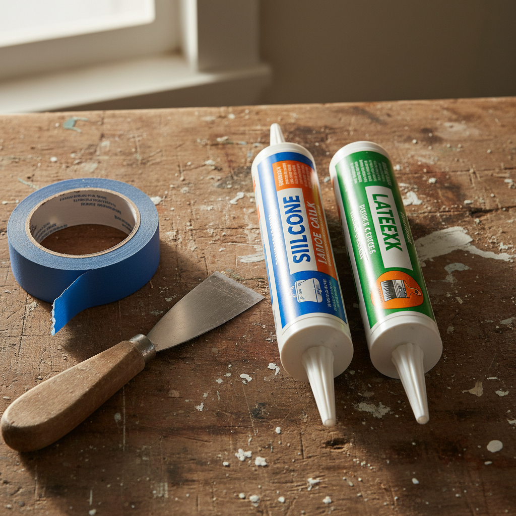 A side-by-side comparison showing a tube of silicone caulk next to a tube of latex caulk, with a window in the background.