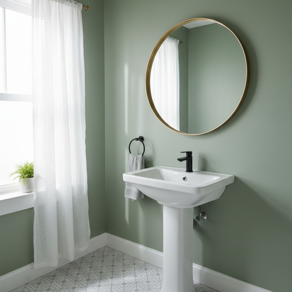 A beautifully remodeled small bathroom with a new navy blue vanity, modern gold faucet, round mirror, and patterned peel-and-stick floor tiles.