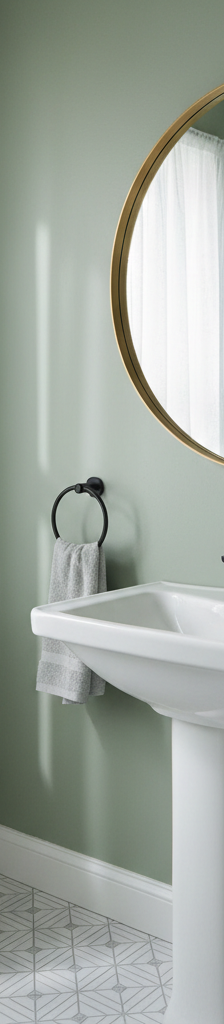 A beautifully remodeled small bathroom with a new navy blue vanity, modern gold faucet, round mirror, and patterned peel-and-stick floor tiles.