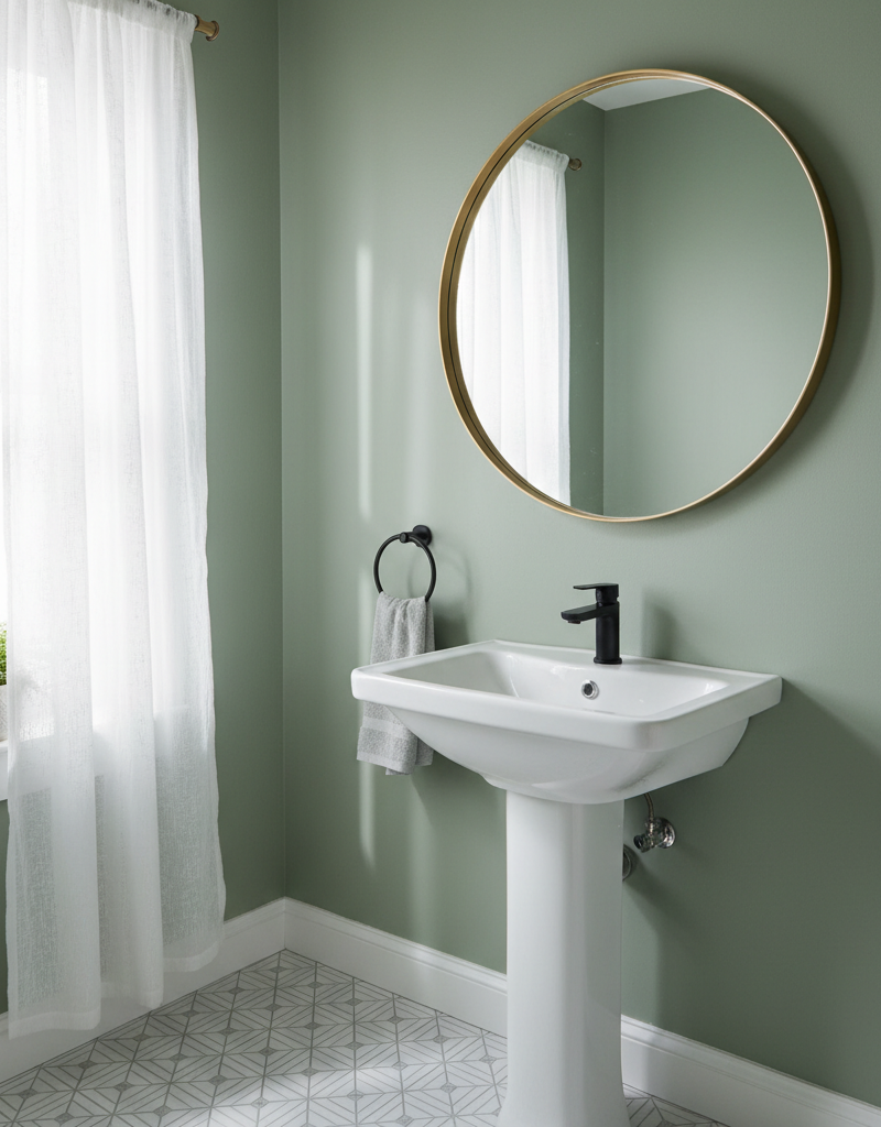 A beautifully remodeled small bathroom with a new navy blue vanity, modern gold faucet, round mirror, and patterned peel-and-stick floor tiles.