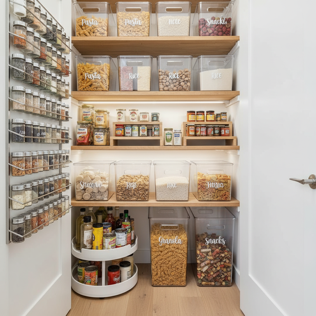 A beautifully organized small pantry with items decanted into clear containers, cans on tiered risers, and a rack on the door.