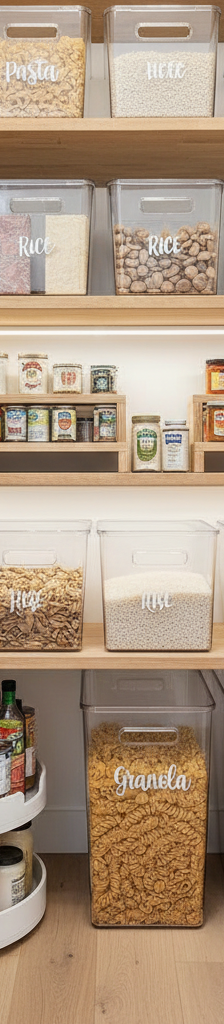 A beautifully organized small pantry with items decanted into clear containers, cans on tiered risers, and a rack on the door.