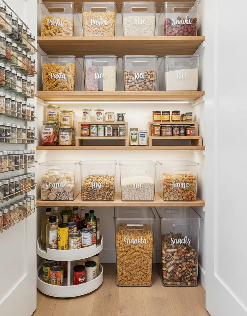 A beautifully organized small pantry with items decanted into clear containers, cans on tiered risers, and a rack on the door.