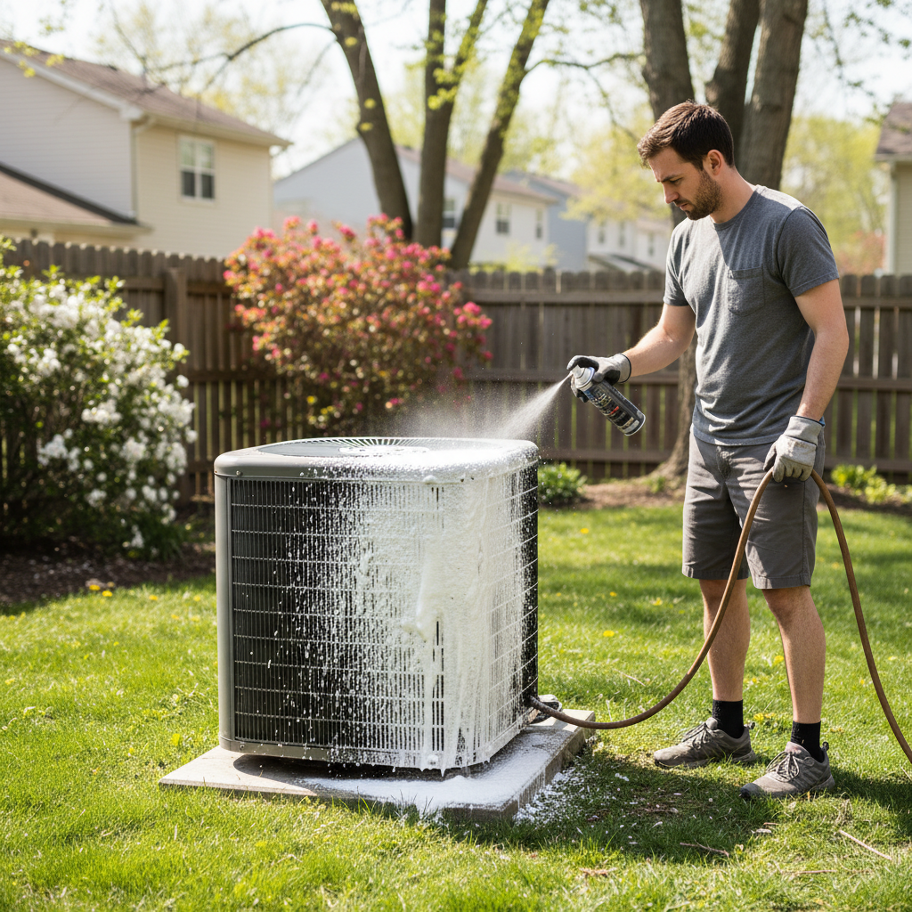A homeowner uses a hose to carefully clean the fins of an outdoor air conditioner condenser unit during a spring AC tune-up.