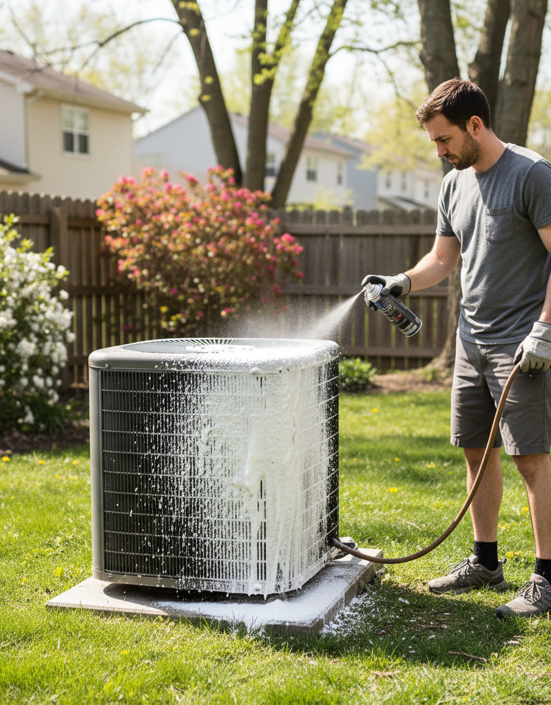 A homeowner uses a hose to carefully clean the fins of an outdoor air conditioner condenser unit during a spring AC tune-up.