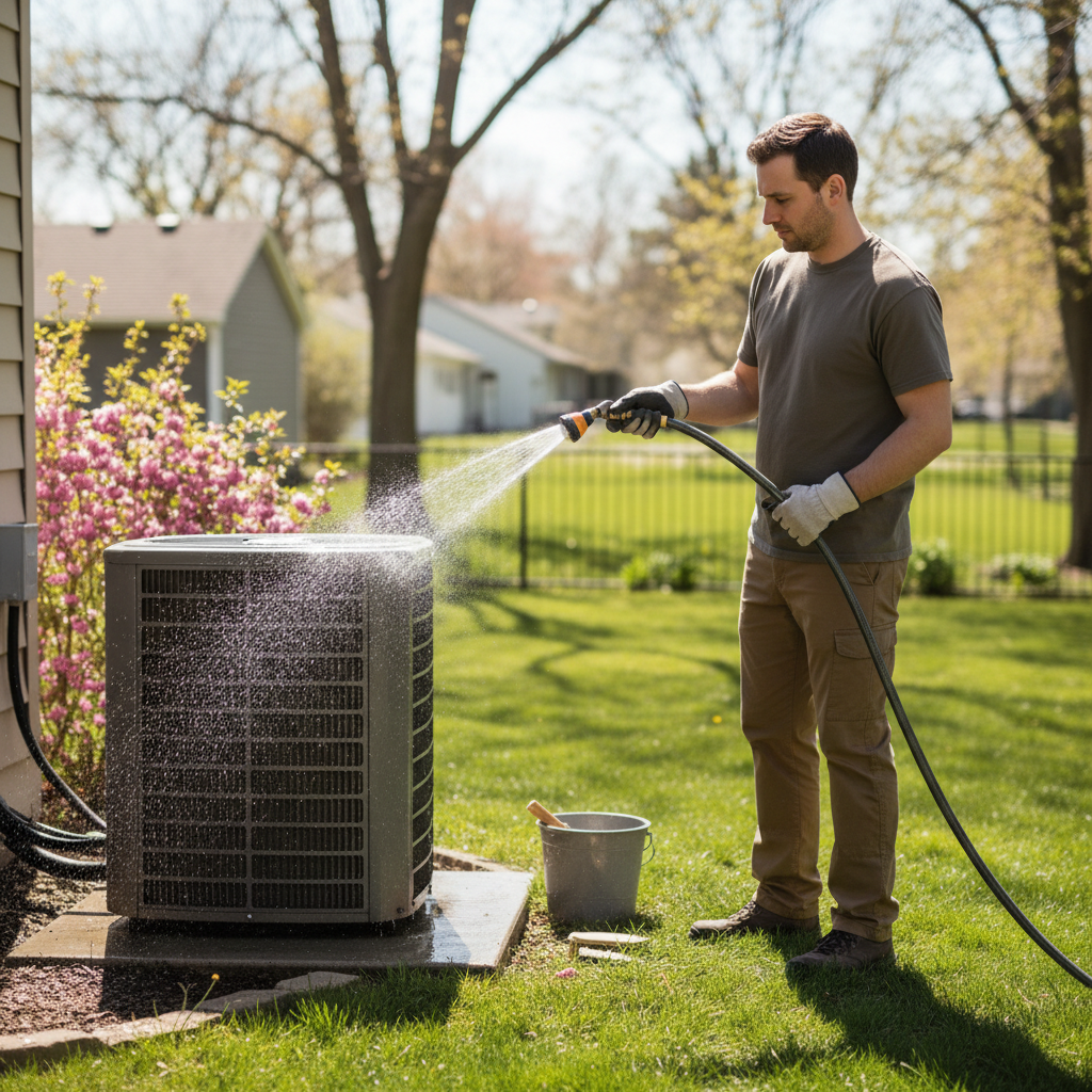 A homeowner cleaning the condenser coils of their outdoor air conditioning unit with a hose as part of a DIY spring AC tune-up.