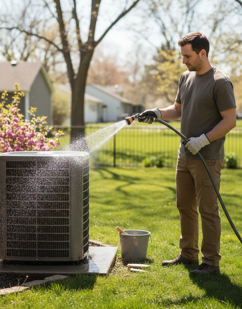 A homeowner cleaning the condenser coils of their outdoor air conditioning unit with a hose as part of a DIY spring AC tune-up.