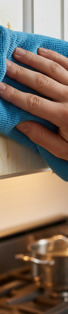 A clean hand wiping a formerly sticky, greasy kitchen cabinet, showing a clear difference.