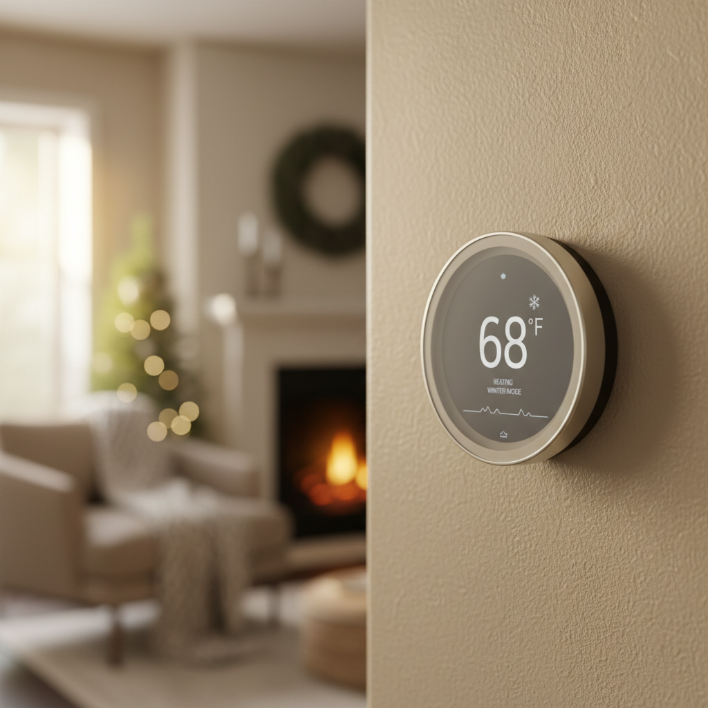 A close-up of a digital thermostat on a wall, with the screen illuminated and clearly displaying the words EM HEAT in red.