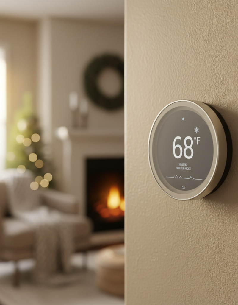 A close-up of a digital thermostat on a wall, with the screen illuminated and clearly displaying the words EM HEAT in red.