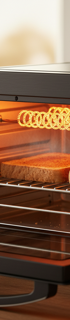 A slice of toast, half burnt and half untoasted, held in front of an open toaster oven, illustrating the problem of uneven cooking.