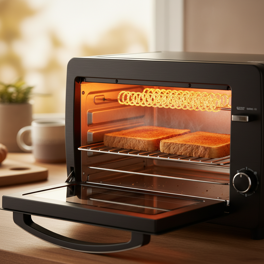 A slice of toast, half burnt and half untoasted, held in front of an open toaster oven, illustrating the problem of uneven cooking.
