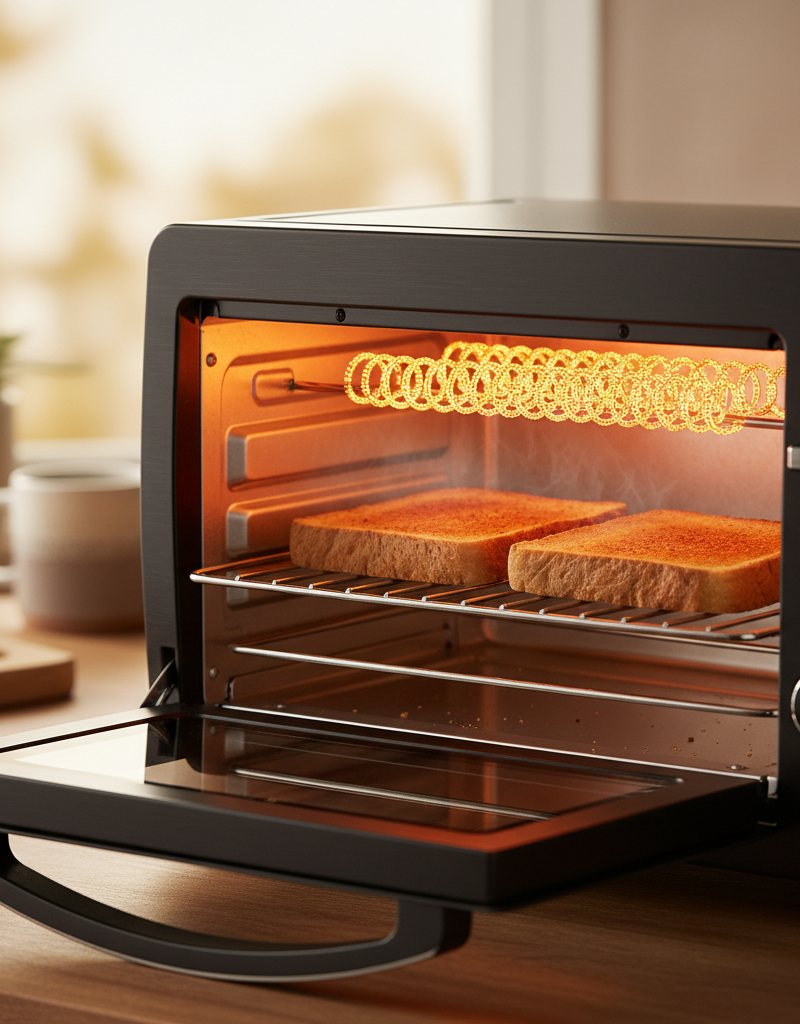 A slice of toast, half burnt and half untoasted, held in front of an open toaster oven, illustrating the problem of uneven cooking.