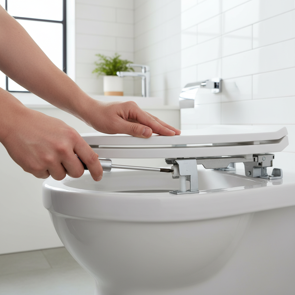 A pristine, modern white toilet seat freshly installed on a clean toilet, with a measuring tape in the background showing the bolt spacing.