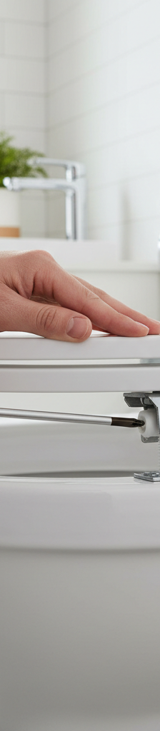 A pristine, modern white toilet seat freshly installed on a clean toilet, with a measuring tape in the background showing the bolt spacing.