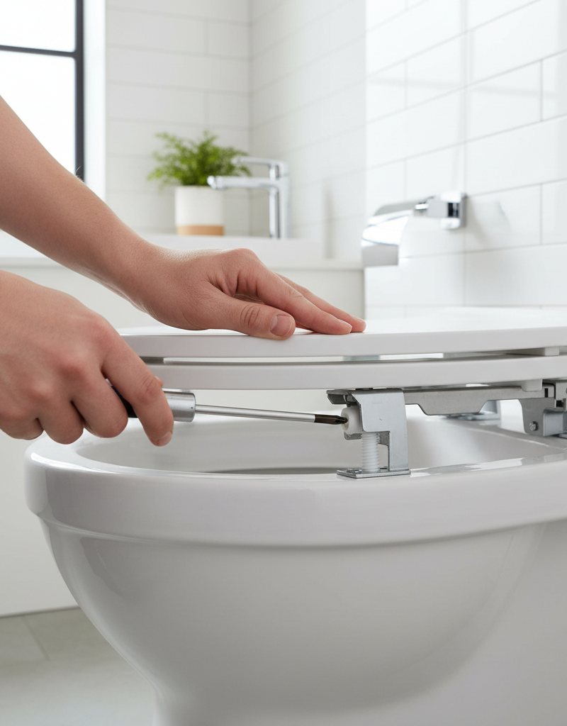 A pristine, modern white toilet seat freshly installed on a clean toilet, with a measuring tape in the background showing the bolt spacing.