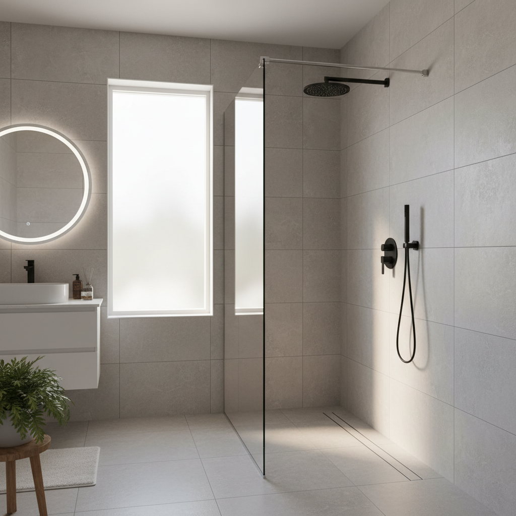 A modern, brightly lit bathroom featuring a newly installed walk-in shower with frameless glass doors, marble-style tile, and a rainfall shower head where a bathtub used to be.