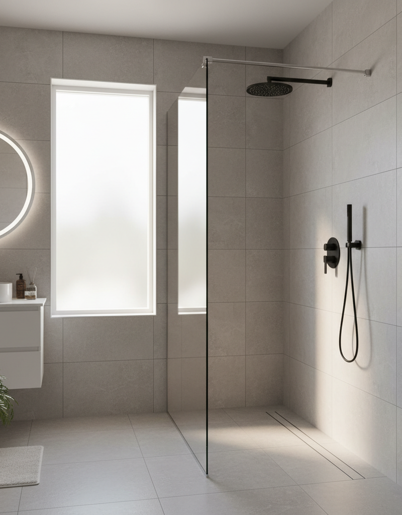 A modern, brightly lit bathroom featuring a newly installed walk-in shower with frameless glass doors, marble-style tile, and a rainfall shower head where a bathtub used to be.