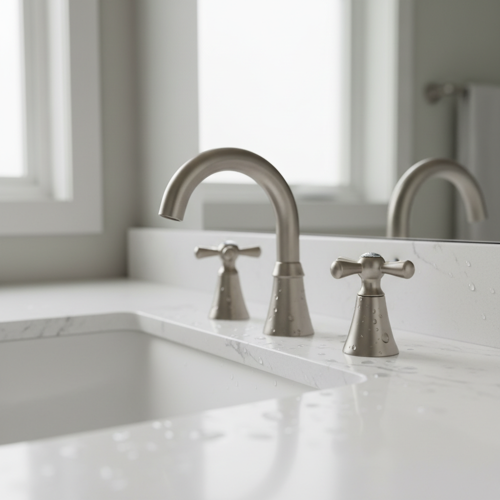 A modern matte black widespread faucet installed on a white marble vanity top, showing its distinct separate handles.