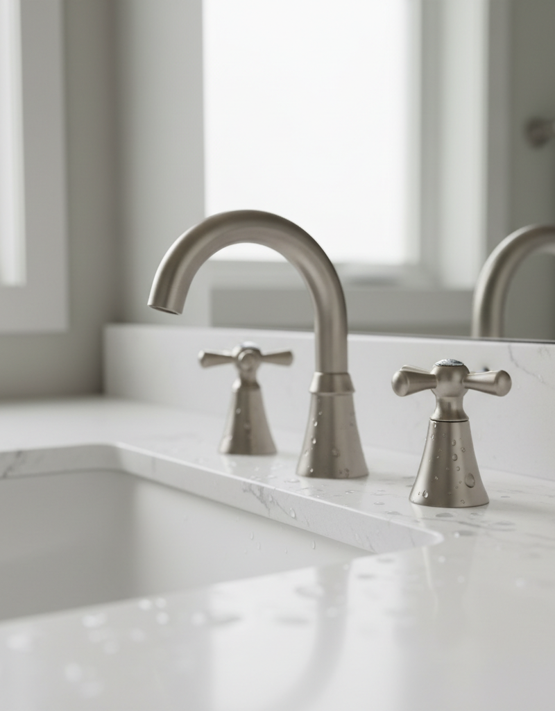 A modern matte black widespread faucet installed on a white marble vanity top, showing its distinct separate handles.