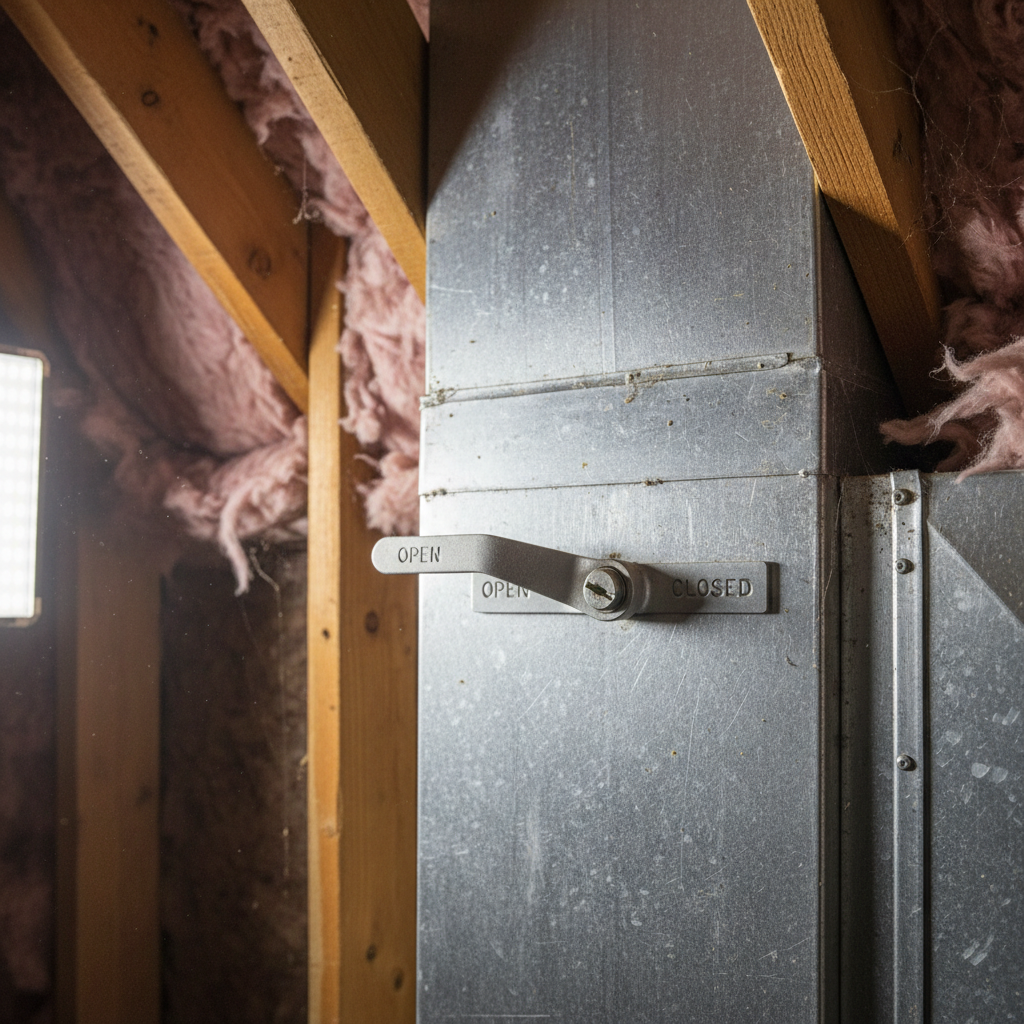 A homeowner's hand adjusting a manual lever damper on a round metal HVAC duct in a basement.