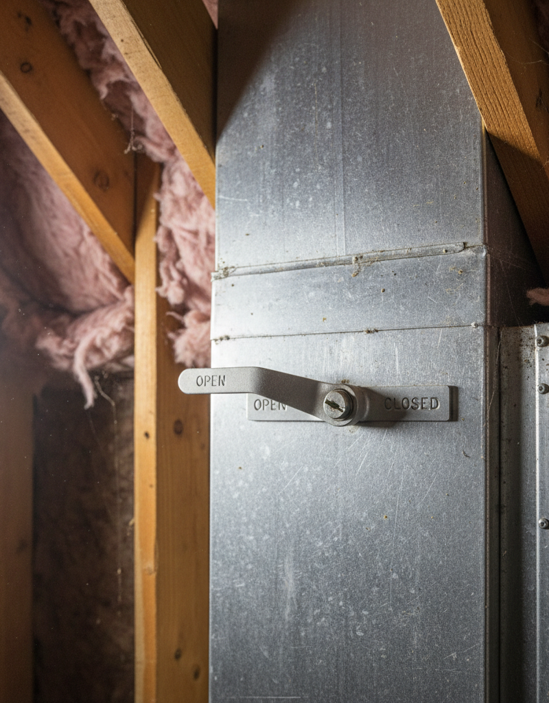 A homeowner's hand adjusting a manual lever damper on a round metal HVAC duct in a basement.