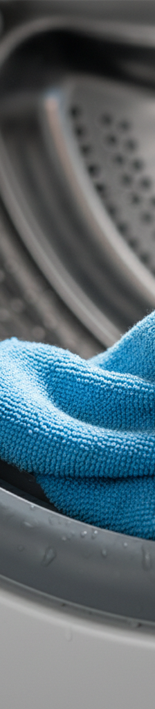 A close-up shot of a person's hand in a yellow cleaning glove wiping the black mold off a washing machine's gray rubber door gasket.