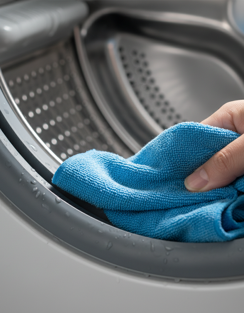 A close-up shot of a person's hand in a yellow cleaning glove wiping the black mold off a washing machine's gray rubber door gasket.