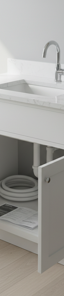 A newly installed modern gray bathroom vanity with a white countertop and chrome faucet, showcasing a successful weekend home improvement project.