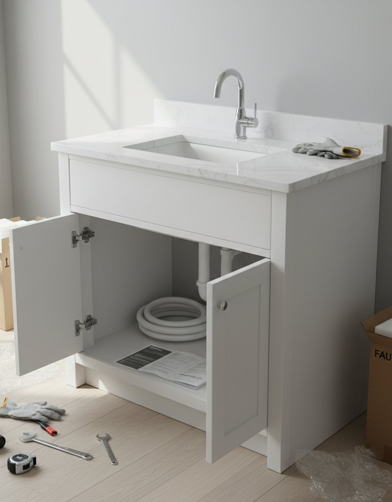 A newly installed modern gray bathroom vanity with a white countertop and chrome faucet, showcasing a successful weekend home improvement project.