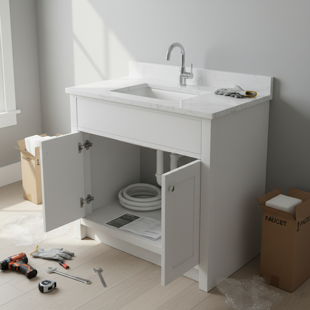 A newly installed modern gray bathroom vanity with a white countertop and chrome faucet, showcasing a successful weekend home improvement project.