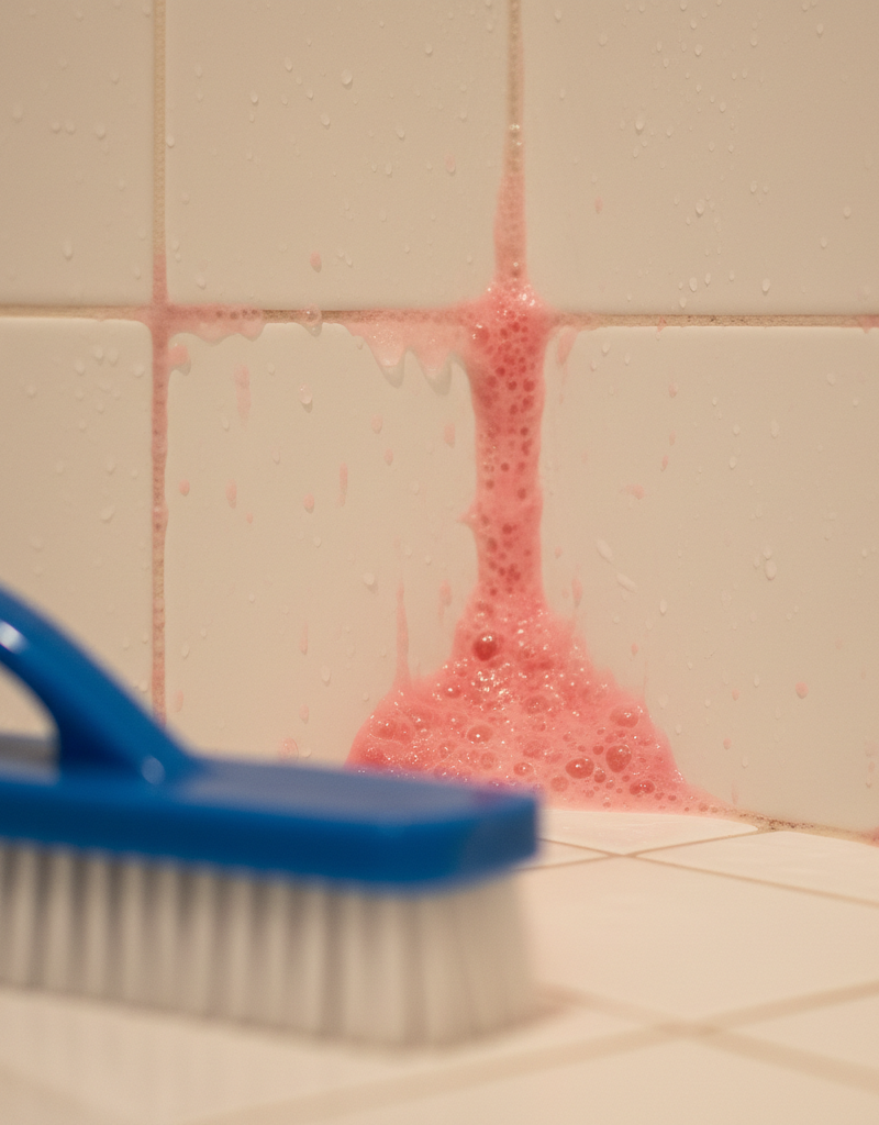 Close-up of pink slime, the bacteria Serratia marcescens, growing on white shower grout lines.